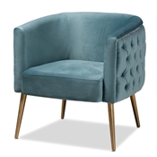 Baxton Studio Marcelle Glam and Luxe Light Blue Velvet Fabric Upholstered Brushed Gold Finished Accent Chair